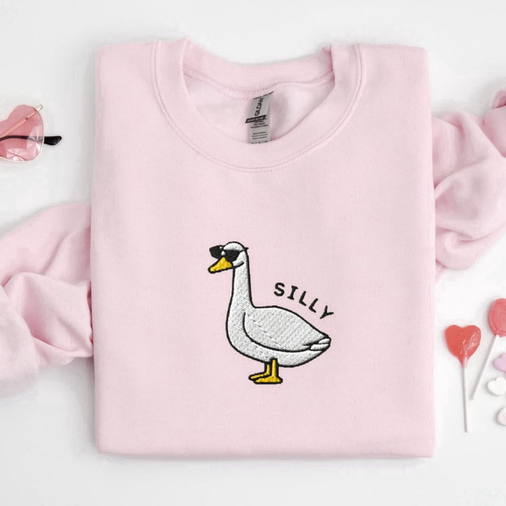 Embroidered Custom Sweatshirts, Embroidered Silly Goose Sweatshirt, Goose Sunglasses Crewneck Sweatshirt For Family, Christmas Gift