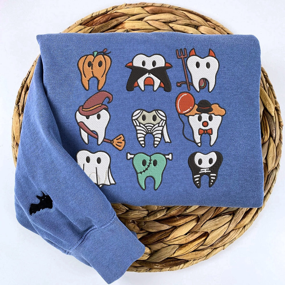 Embroidered Custom Sweatshirts, Embroidered Spooky Halloween Dentist Teeth Sweatshirt, Christmas Gift