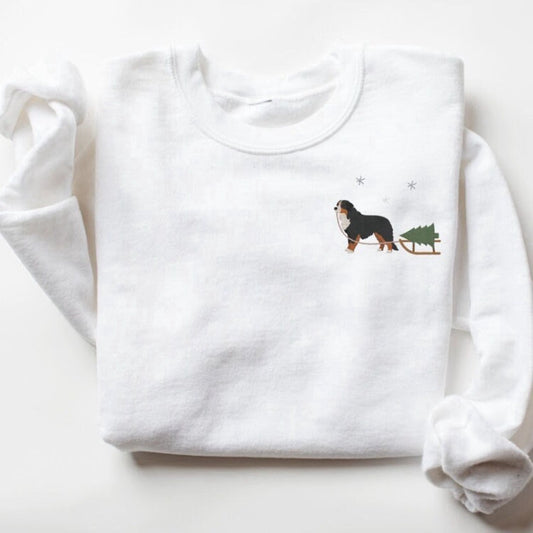 Embroidered Custom Sweatshirts, Embroidered Sweatshirt, Bernese Mountain Dog Harvesting A Christmas Tree For Family, Christmas Gift