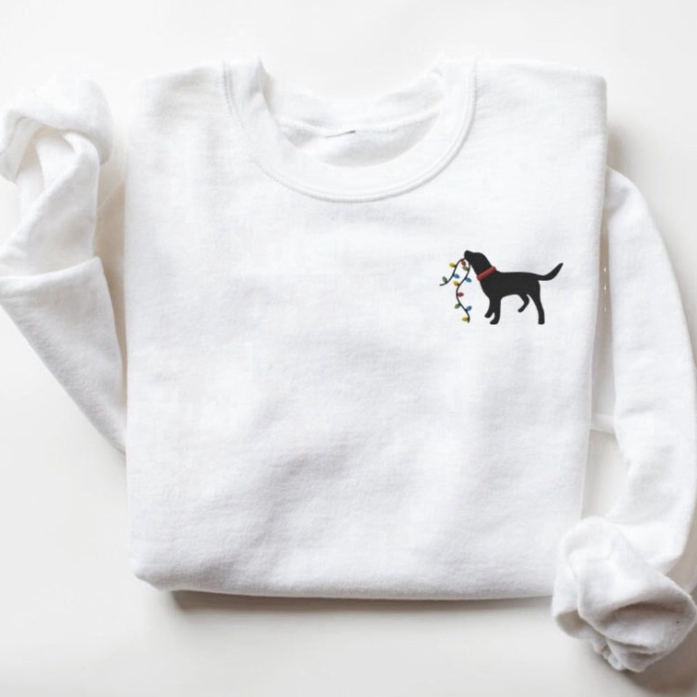 Embroidered Custom Sweatshirts, Embroidered Sweatshirt, Christmas Lights And Black Labrador, Gift For Christmas, Christmas Gift