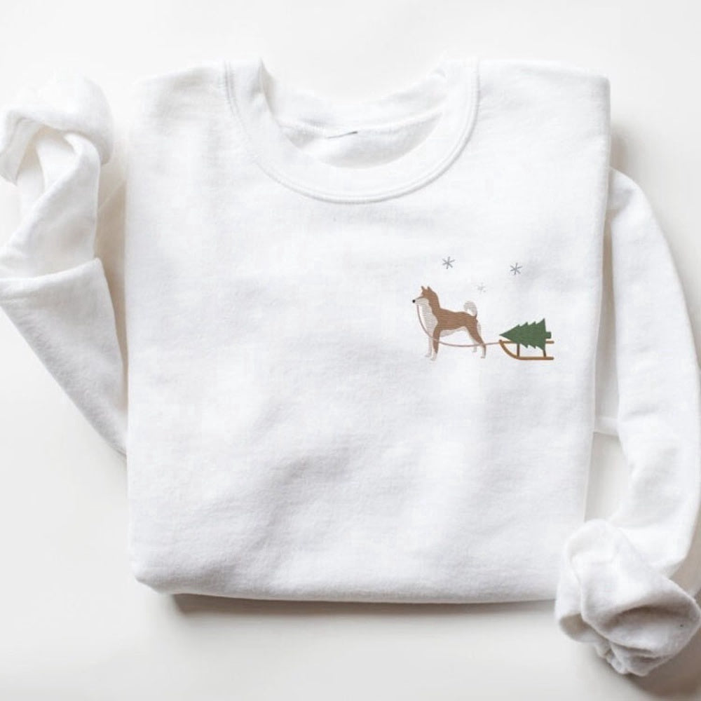 Embroidered Custom Sweatshirts, Embroidered Sweatshirt, Shiba Inu Harvesting A Christmas Tree For Christmas, Christmas Gift