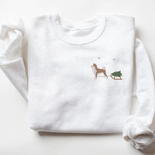 Embroidered Custom Sweatshirts, Embroidered Sweatshirt, Shiba Inu Harvesting A Christmas Tree For Christmas, Christmas Gift