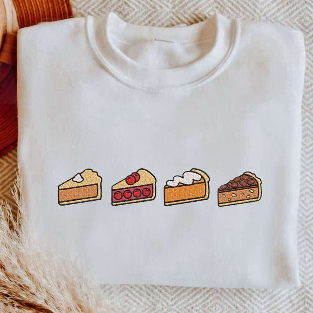 Embroidered Custom Sweatshirts, Embroidered Thanksgiving Pie Sweatshirt, 2D Crewneck Sweatshirt Gift For Family, Christmas Gift