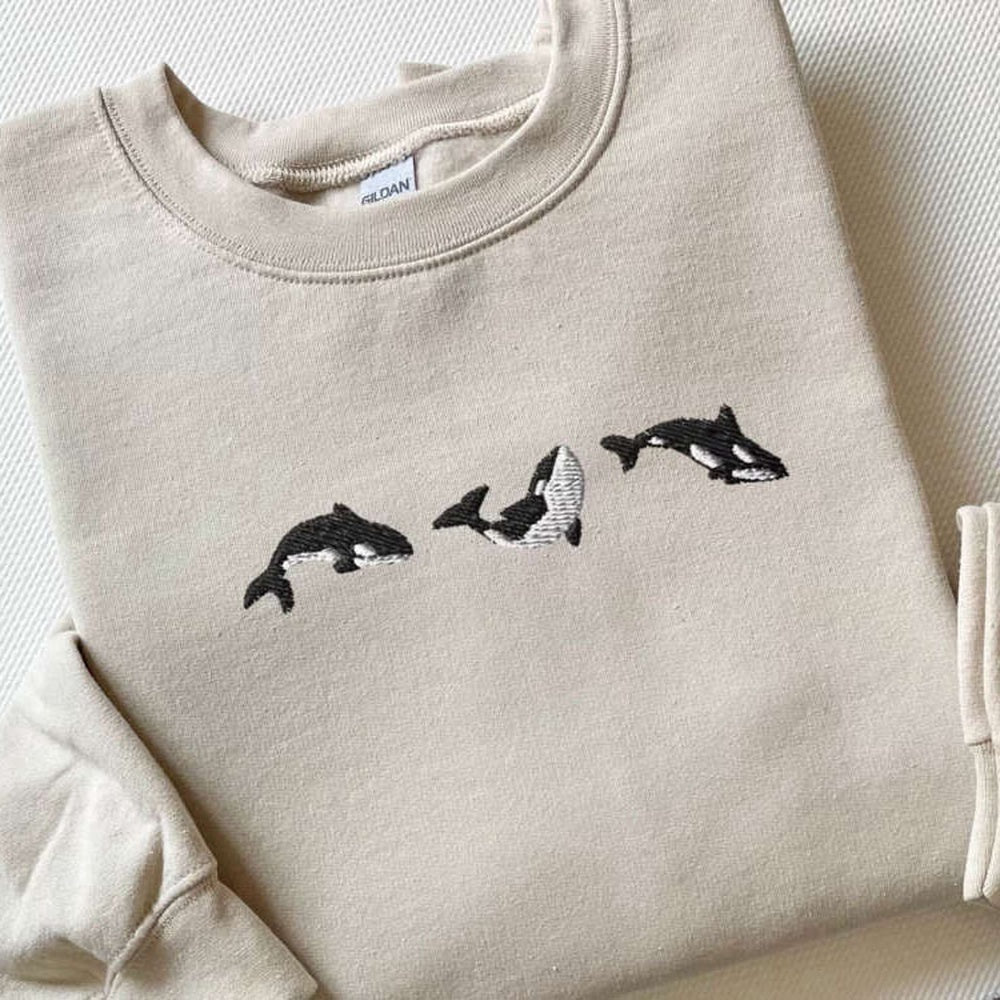 Embroidered Custom Sweatshirts, Embroidered Trio Of Orcas Sweatshirt, Embroidered Orcas Sweatshirt For Family, Christmas Gift