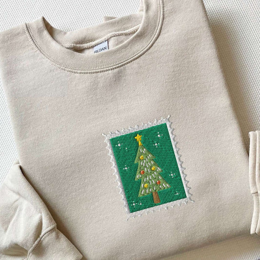 Embroidered Custom Sweatshirts, Embroidered Vintage Christmas Tree Stamp Sweatshirt, Gift For Christmas, Christmas Gift