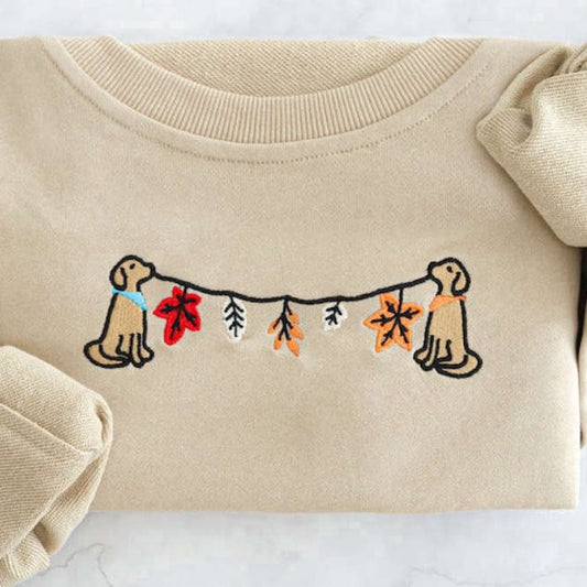 Embroidered Custom Sweatshirts, Fall Leaves Dog Embroidered Sweatshirt 2D Crewneck Sweatshirt For Family, Christmas Gift