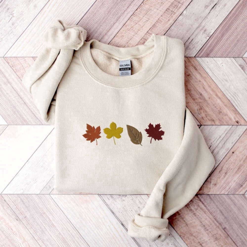 Embroidered Custom Sweatshirts, Fall Leaves Embroidered Sweatshirt 2D Crewneck Sweatshirt For Family, Christmas Gift