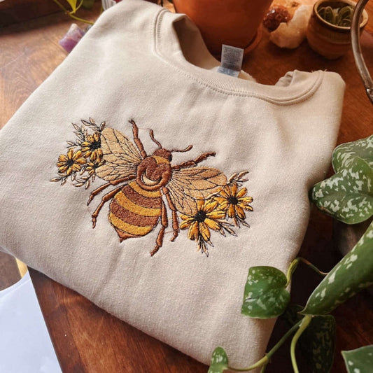 Embroidered Custom Sweatshirts, Floral Bee Embroidered Sweatshirt 2D Crewneck Sweatshirt For Men And Women, Christmas Gift