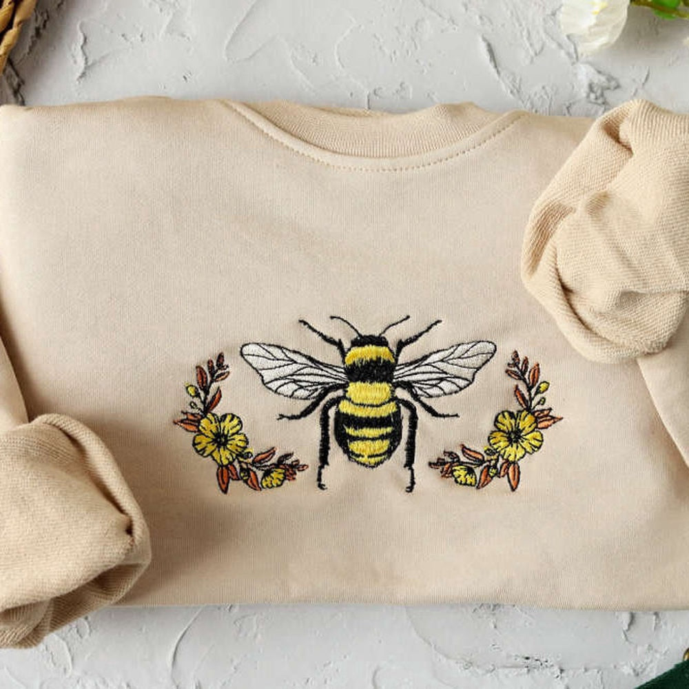 Embroidered Custom Sweatshirts, Floral Bee Embroidered Sweatshirt 2D Crewneck Sweatshirt For Men Women, Christmas Gift