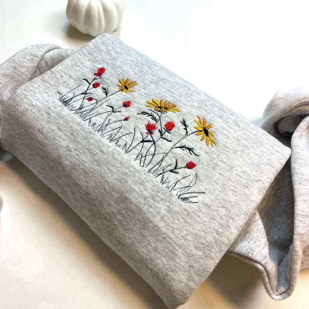 Embroidered Custom Sweatshirts, Floral Embroidered Sweatshirt 2D Crewneck Sweatshirt For Family, Christmas Gift