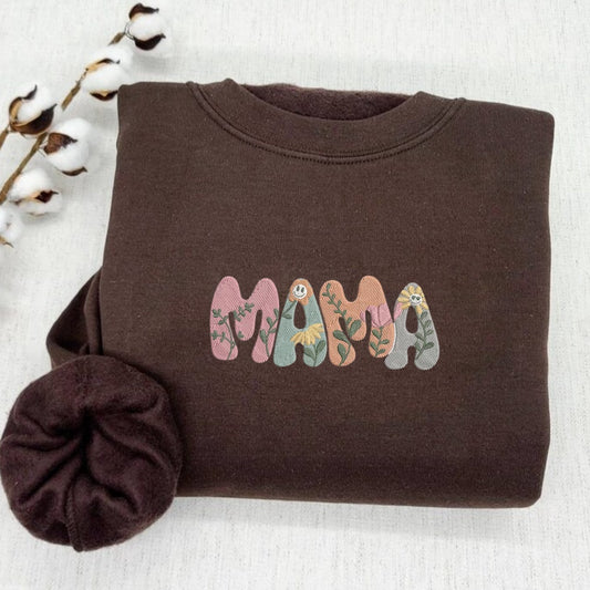 Embroidered Custom Sweatshirts, Flower Mama 1 Embroidered Sweatshirt With Kids Name On Sleeve, Mama Gift Ideas, Christmas Gift