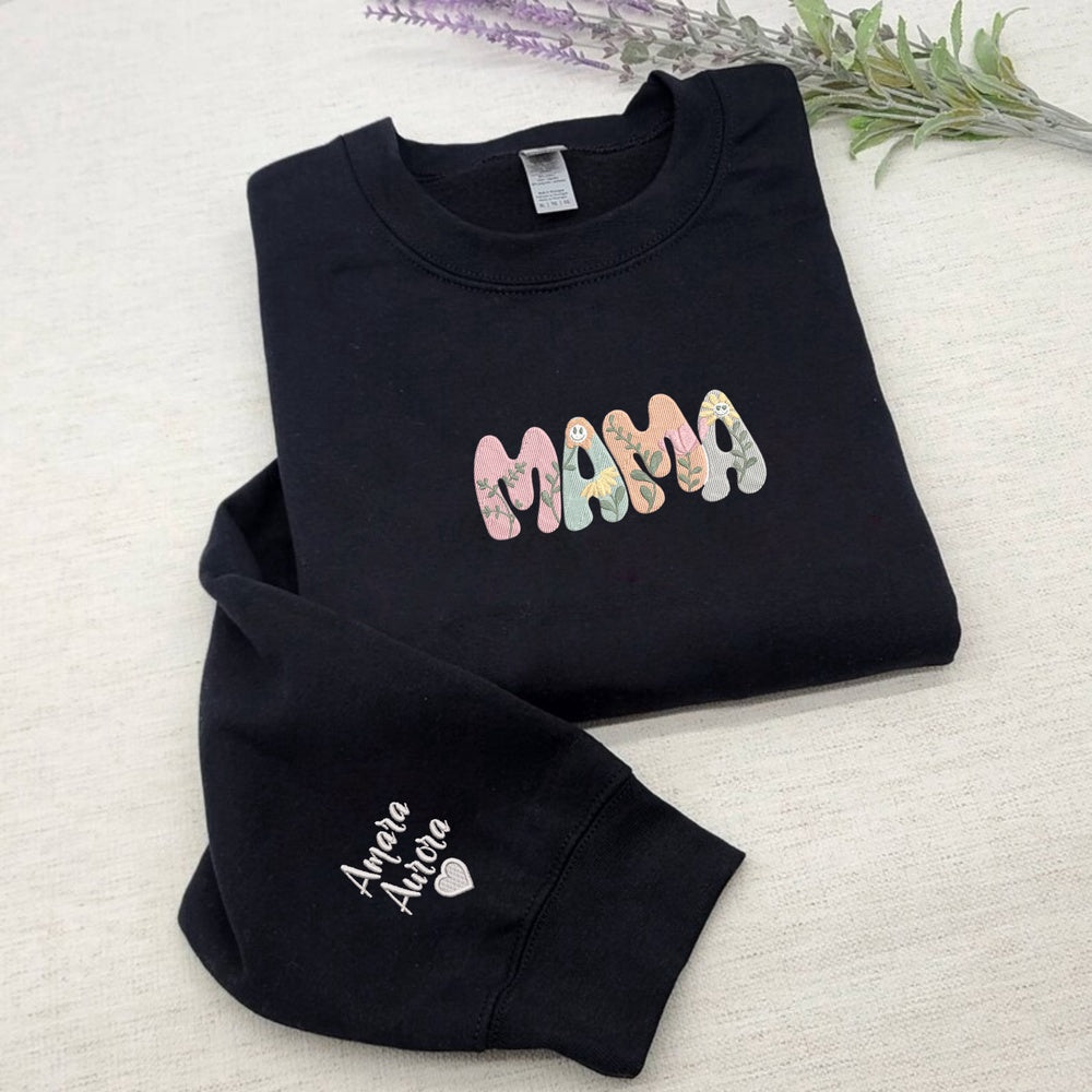 Embroidered Custom Sweatshirts, Flower Mama Embroidered Sweatshirt With Kids Name On Sleeve, Mama Gift Ideas, Christmas Gift