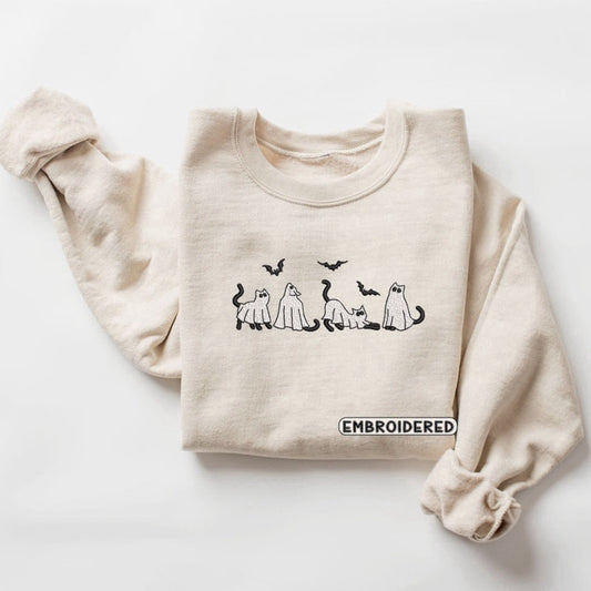 Embroidered Custom Sweatshirts, Ghost Cats Embroidered Sweatshirt 2D Crewneck Sweatshirt Gift For Family, Christmas Gift