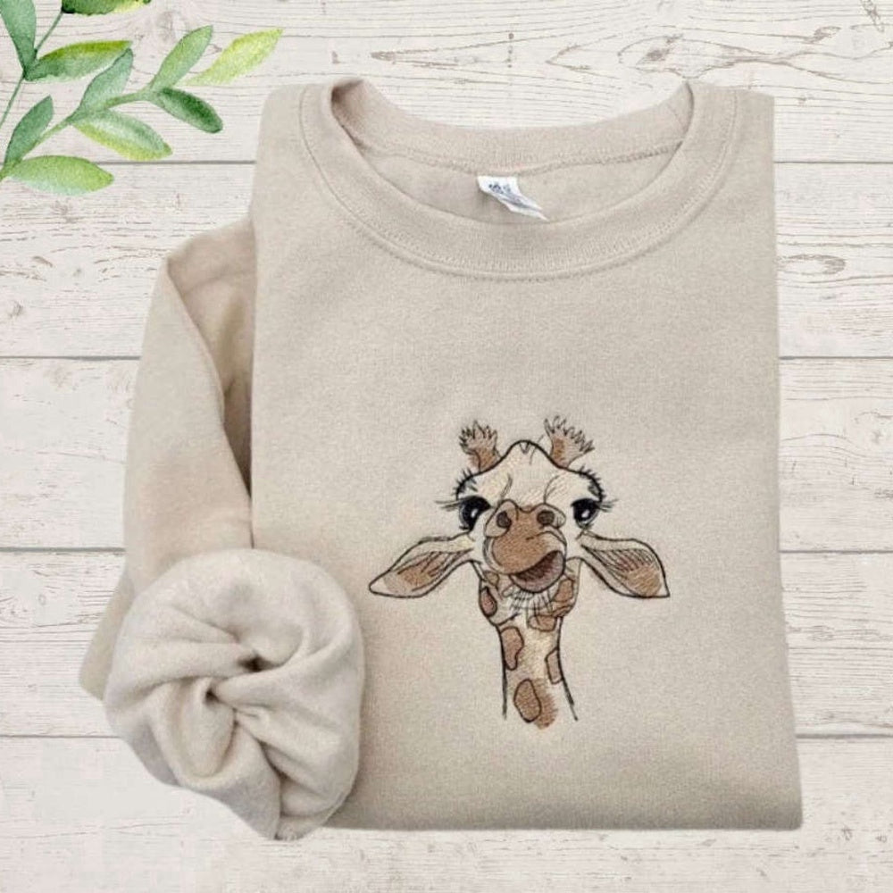 Embroidered Custom Sweatshirts, Giraffe Embroidered Sweatshirt 2D Crewneck Sweatshirt For Women And Men, Christmas Gift