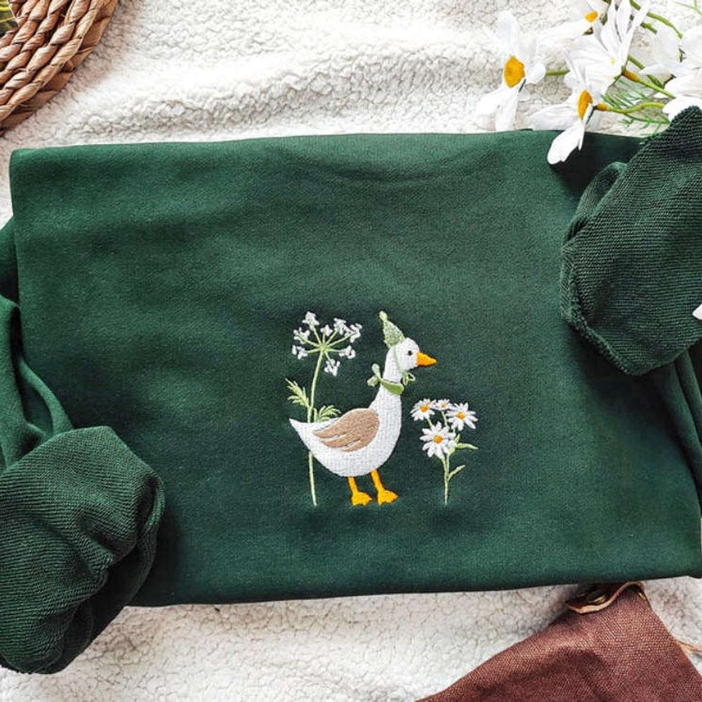 Embroidered Custom Sweatshirts, Goose And Daisy Embroidered Sweatshirt 2D Crewneck Sweatshirt Gift For Family, Christmas Gift