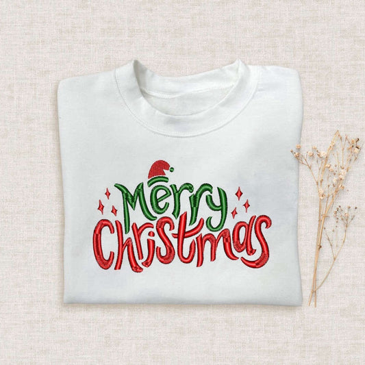 Embroidered Custom Sweatshirts, Happy Christmas Embroidered Sweatshirt 2D Crewneck Sweatshirt For Family, Christmas Gift