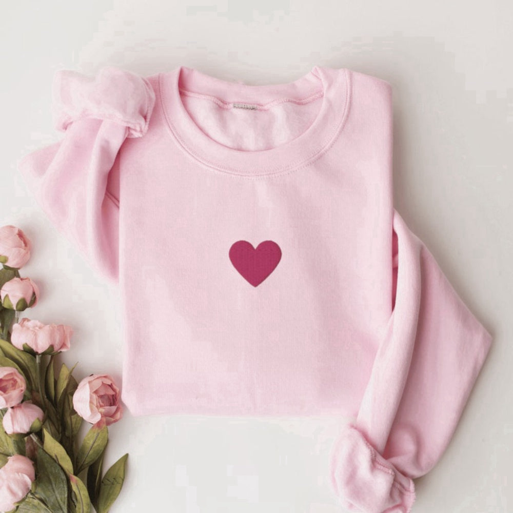 Embroidered Custom Sweatshirts, Heart Valentine'S Day Embroidered Sweatshirt 2D Crewneck Sweatshirt Best Gift For Family, Christmas Gift