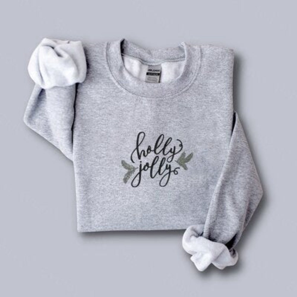 Embroidered Custom Sweatshirts, Holly Jolly Christmas Embroidered Sweatshirt 2D Crewneck Sweatshirt For Family, Christmas Gift