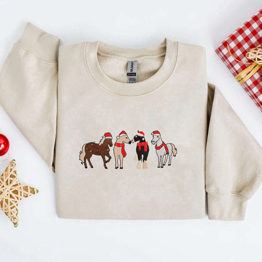 Embroidered Custom Sweatshirts, Horses Merry Christmas Embroidery Sweatshirt, Embroidery Crewneck Sweatshirt For Family, Christmas Gift