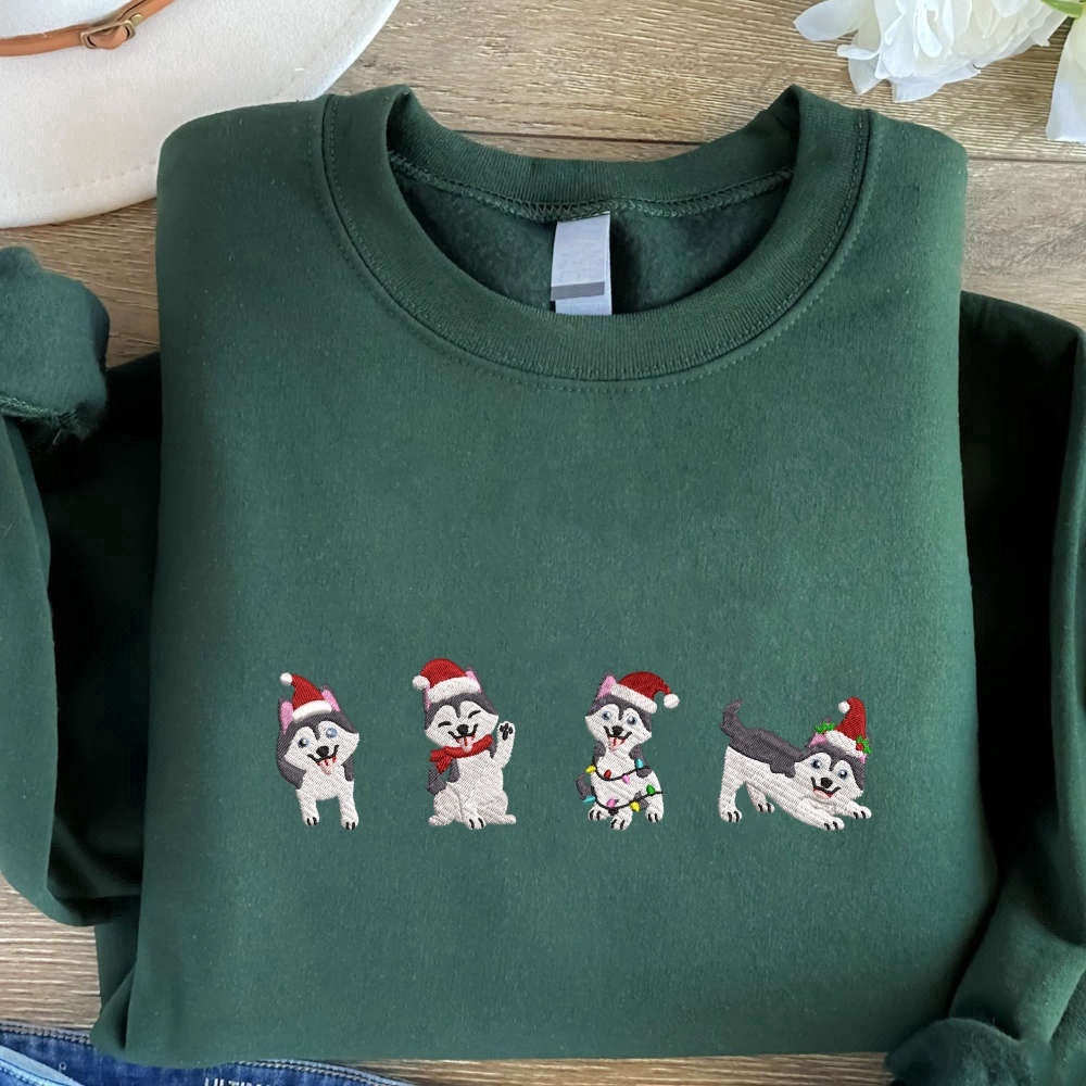 Embroidered Custom Sweatshirts, Husky Christmas Embroidered Sweatshirt, Dogs Embroidered Sweatshirt, Dog Lover Gift, Christmas Gift