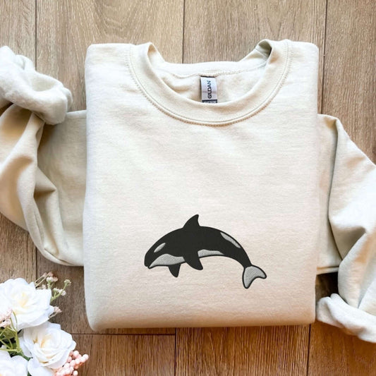 Embroidered Custom Sweatshirts, Killer Whale Embroidered Sweatshirt 2D Crewneck Sweatshirt For Family, Christmas Gift