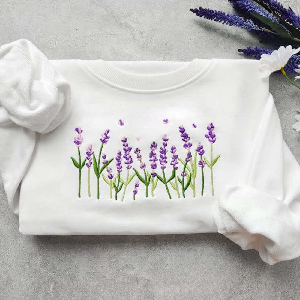 Embroidered Custom Sweatshirts, Lavender Embroidered Sweatshirt 2D Crewneck Sweatshirt For Men And Women, Christmas Gift