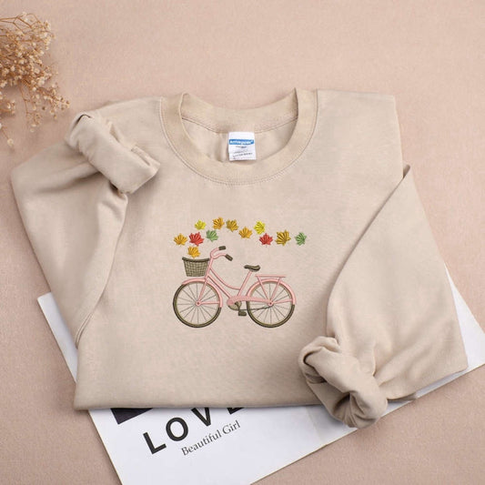 Embroidered Custom Sweatshirts, Leaves And Bicycle Embroidered Sweatshirt 2D Crewneck Sweatshirt For Men And Women, Christmas Gift