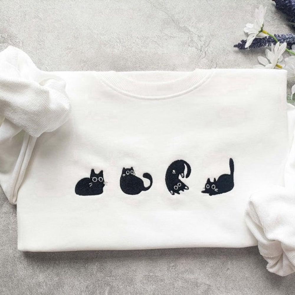 Embroidered Custom Sweatshirts, Lovely Black Cat Embroidered Sweatshirt Crewneck Sweatshirt Gift For Family, Christmas Gift