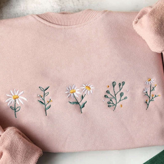 Embroidered Custom Sweatshirts, Lovely Daisy Embroidered Sweatshirt Crewneck Sweatshirt For Women And Men, Christmas Gift