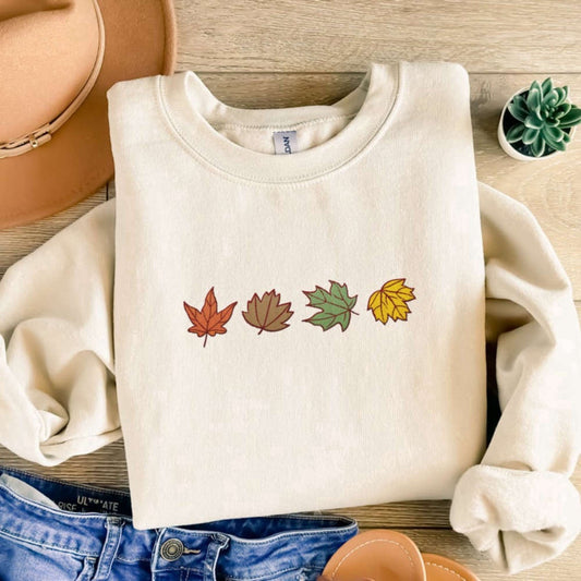 Embroidered Custom Sweatshirts, Maple Leaves Embroidered Sweatshirt 2D Crewneck Sweatshirt Best Gift For Family, Christmas Gift