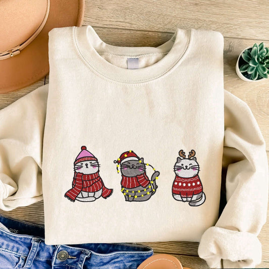 Embroidered Custom Sweatshirts, Meowy Christmas Embroidered Sweatshirt, Cute Cats Embroidered Sweatshirt For Christmas, Christmas Gift