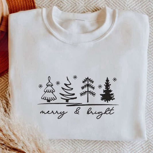 Embroidered Custom Sweatshirts, Merry & Bright Christmas Trees Sweatshirt, Christmas Sweatshirt For Womens, Christmas Gift