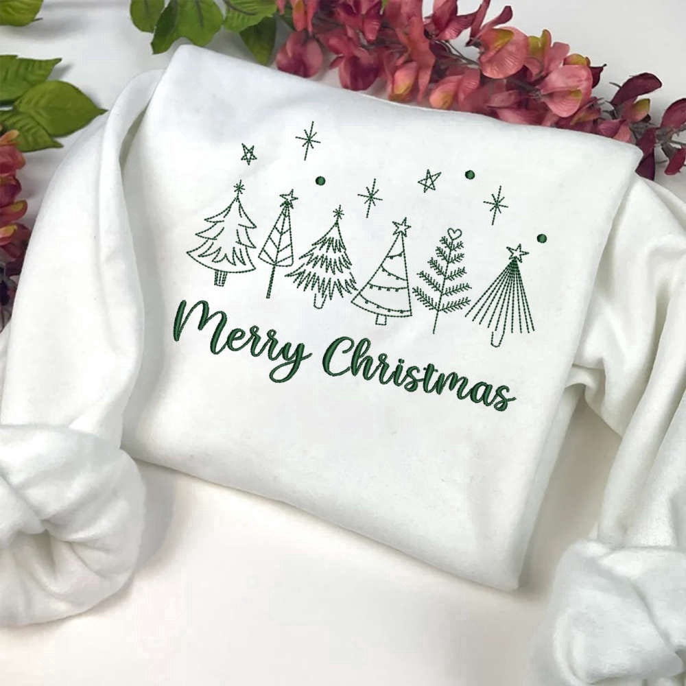 Embroidered Custom Sweatshirts, Merry Christmas Tree Machine Embroidery Sweatshirt, Best Gift For Christmas, Christmas Gift