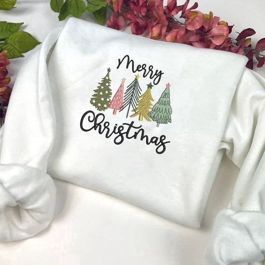 Embroidered Custom Sweatshirts, Merry Christmas Trees Machine Embroidery Sweatshirt, Best Gift For Christmas, Christmas Gift