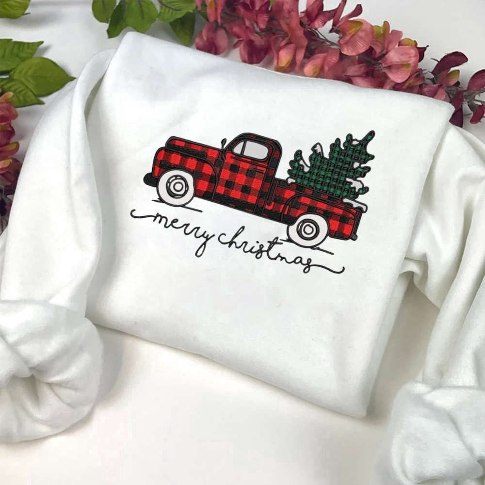 Embroidered Custom Sweatshirts, Merry Christmas Truck Embroidery Sweatshirt, Xmas Truck With Tree Dst Sweatshirt For Family, Christmas Gift