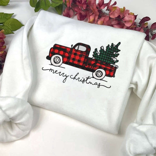 Embroidered Custom Sweatshirts, Merry Christmas Truck Embroidery Sweatshirt, Xmas Truck With Tree Dst Sweatshirt For Family, Christmas Gift