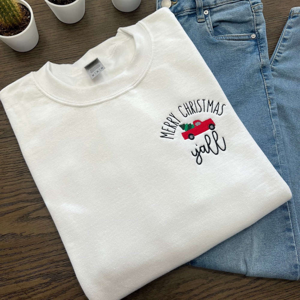 Embroidered Custom Sweatshirts, Merry Christmas Y'All Embroidered Sweatshirt, Best Gift For Christmas 2024, Christmas Gift