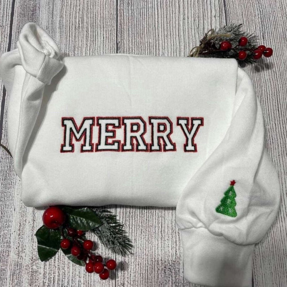 Embroidered Custom Sweatshirts, Merry Embroidered Crewneck, Christmas Tree Cuff Embroidery, Christmas Gifts, Christmas Gift