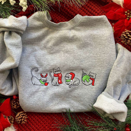 Embroidered Custom Sweatshirts, Merry Meows Embroidered Unisex Sweatshirt, Christmas Cat Sweatshirt For Cat Lover, Christmas Gift