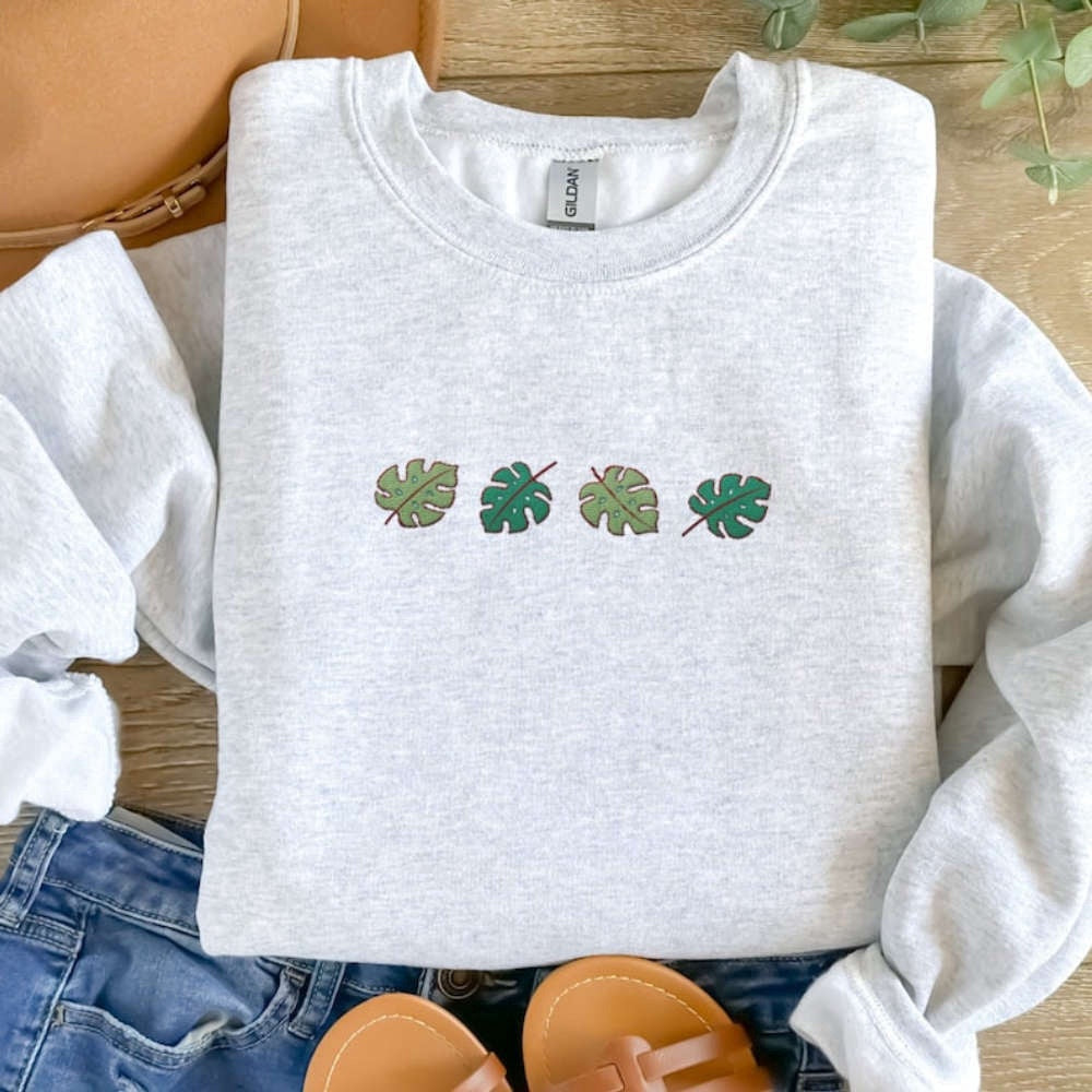 Embroidered Custom Sweatshirts, Monstera Leaves Embroidered Sweatshirt 2D Crewneck Sweatshirt Best Gift For Family, Christmas Gift