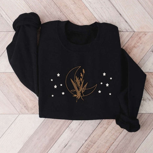 Embroidered Custom Sweatshirts, Moon And Stars Embroidered Sweatshirt 2D Crewneck Sweatshirt For Family, Christmas Gift