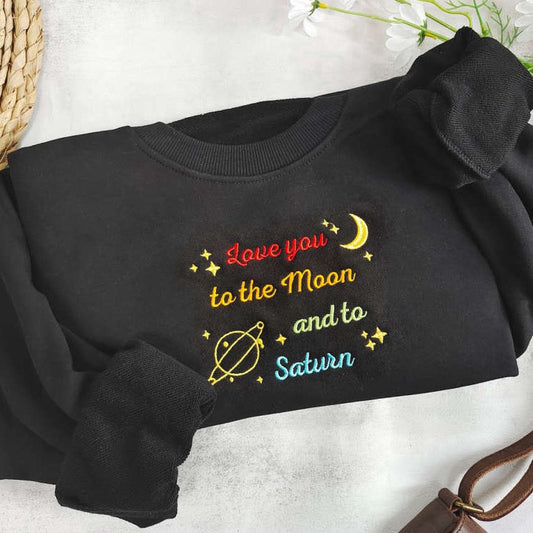 Embroidered Custom Sweatshirts, Moon & Saturn Embroidered Sweatshirt 2D Crewneck Sweatshirt Best Gift For Family, Christmas Gift