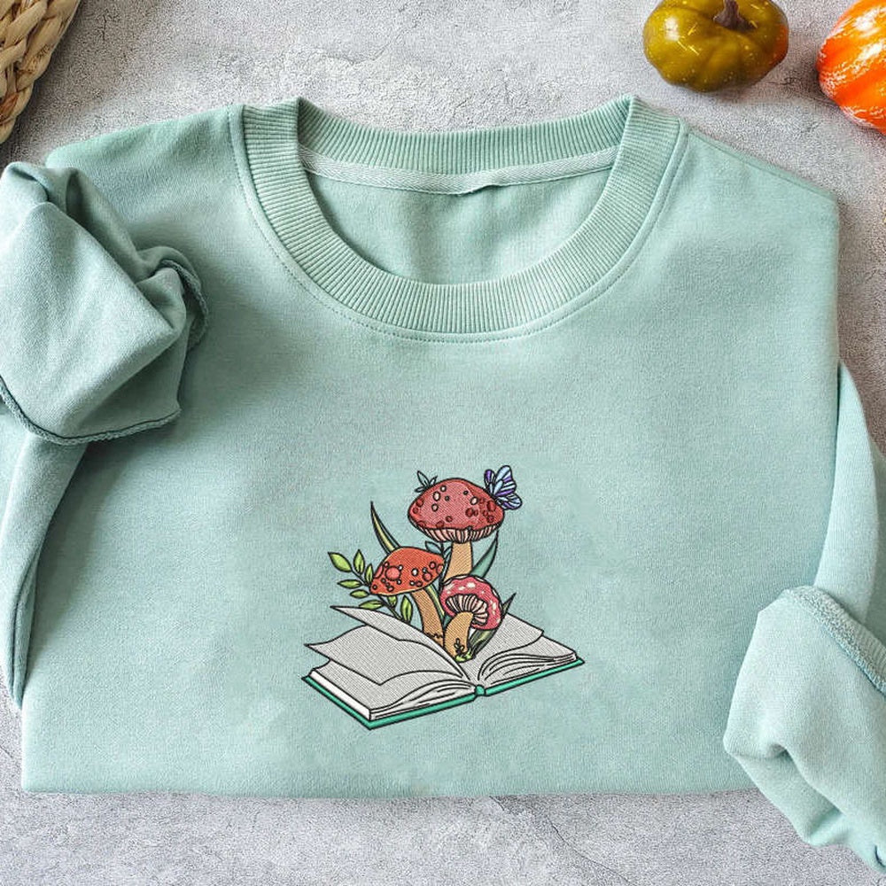 Embroidered Custom Sweatshirts, Mushroom Book Embroidered Crewneck Sweatshirt, Mushroom And Book Sweatshirt For Book Lovers, Christmas Gift