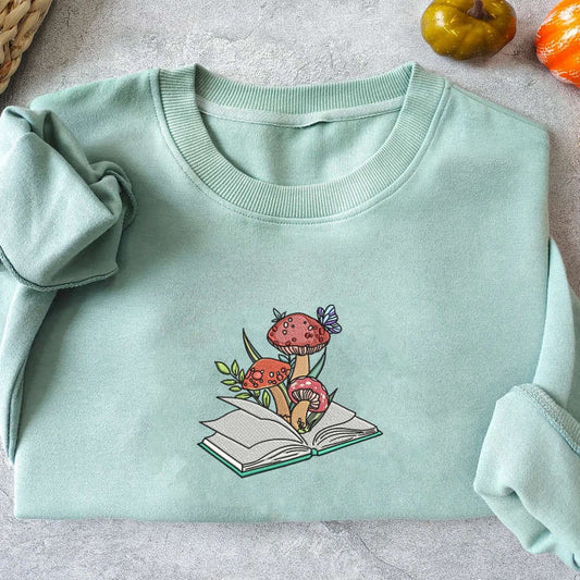 Embroidered Custom Sweatshirts, Mushroom Book Embroidered Crewneck Sweatshirt, Mushroom And Book Sweatshirt For Book Lovers, Christmas Gift