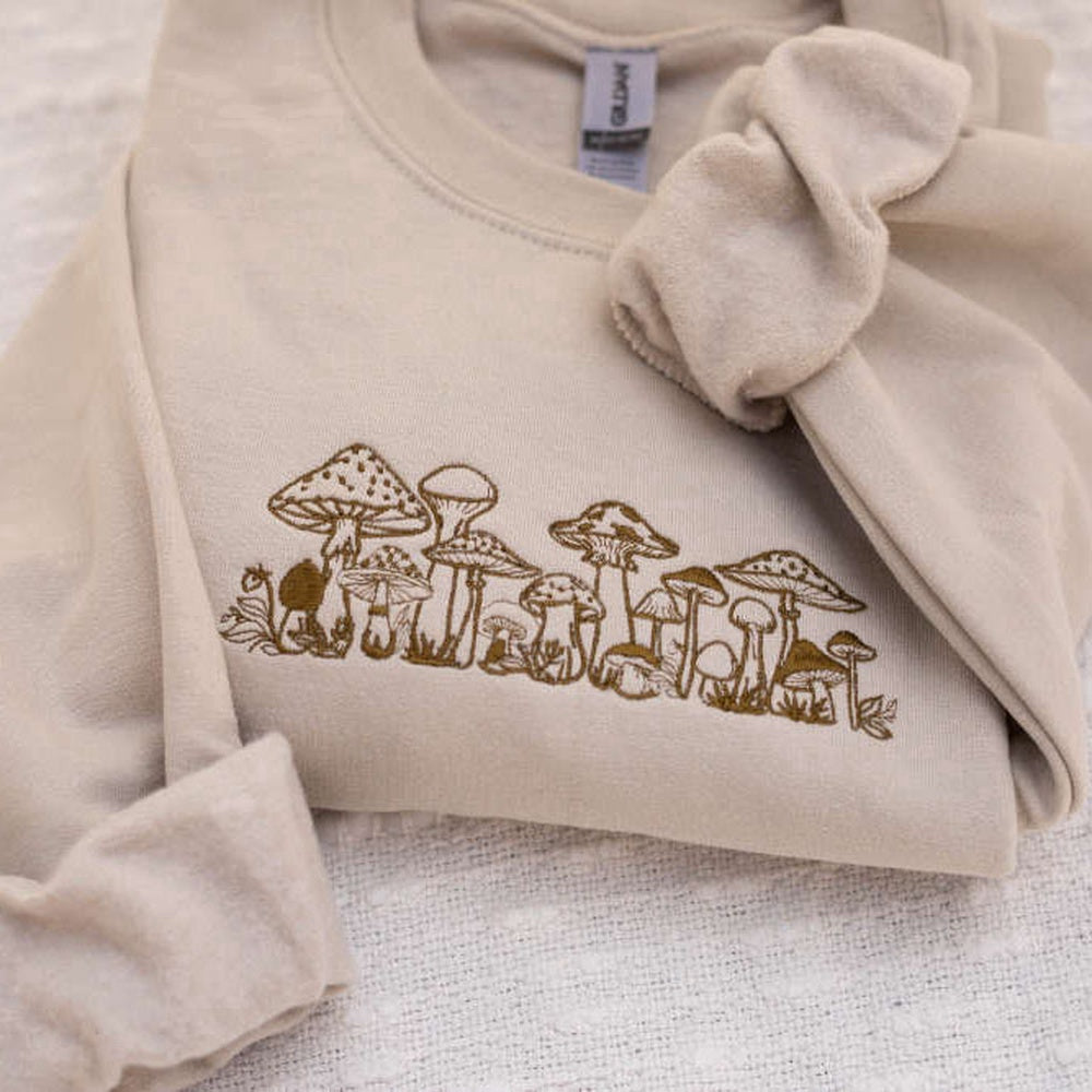 Embroidered Custom Sweatshirts, Mushroom Embroidered Crewneck Sweatshirt, Mushroom Embroidery Design For Family, Christmas Gift