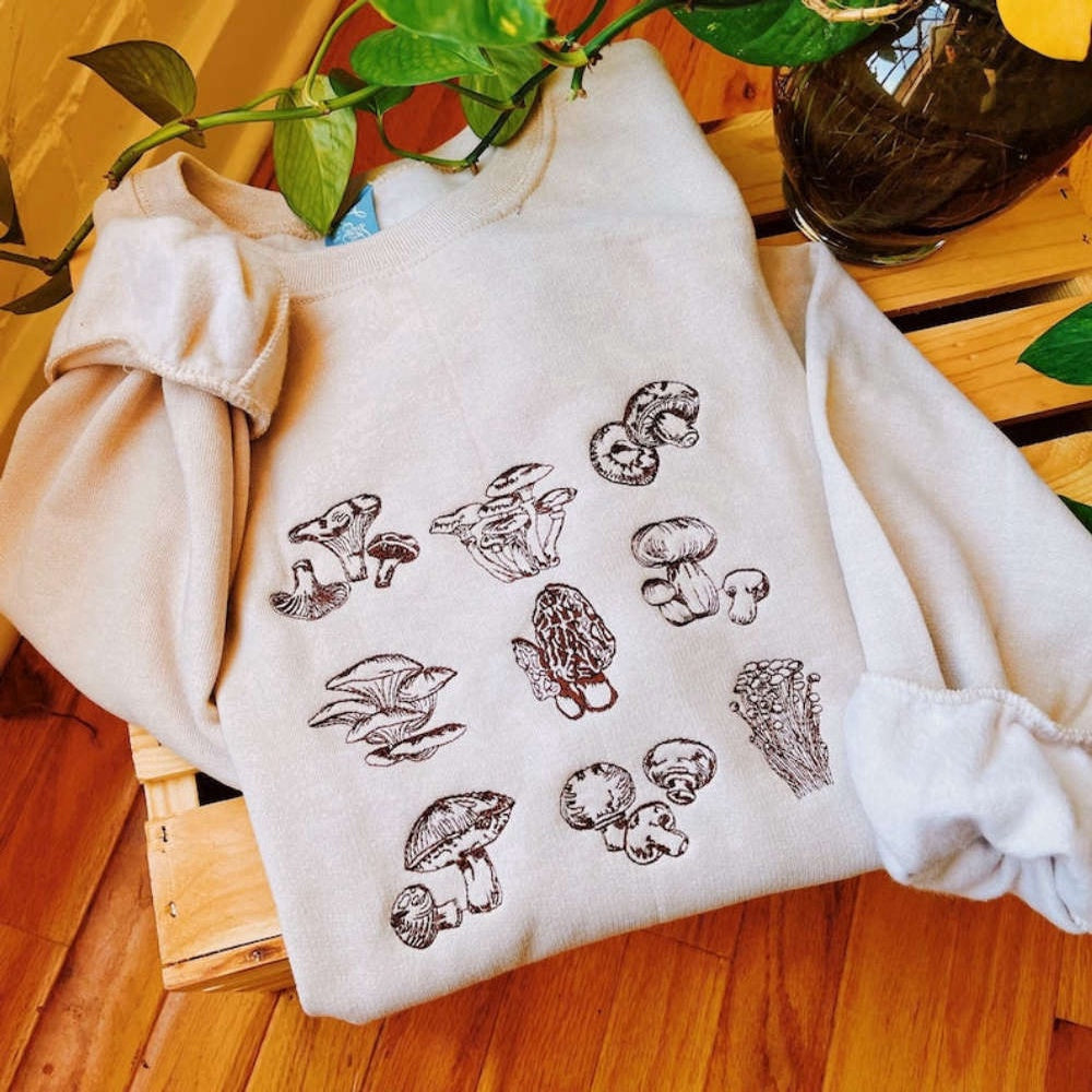 Embroidered Custom Sweatshirts, Mushrooms Embroidered Sweatshirt 2D Crewneck Sweatshirt For Men And Women, Christmas Gift