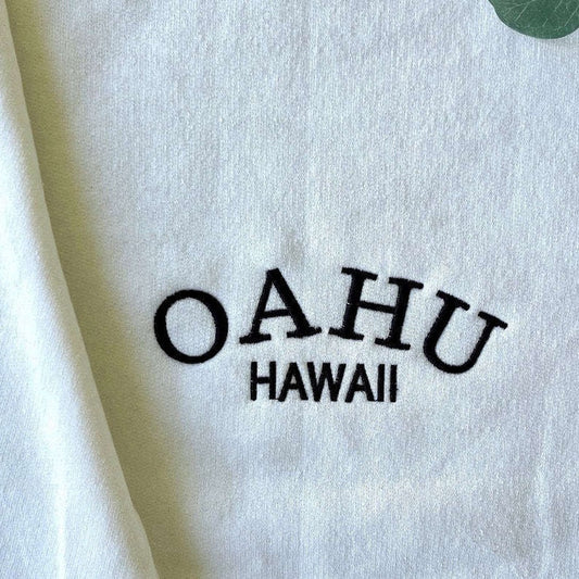 Embroidered Custom Sweatshirts, Oahu Hawaii Embroidered Sweatshirt 2D Crewneck Sweatshirt Gift For Family, Christmas Gift