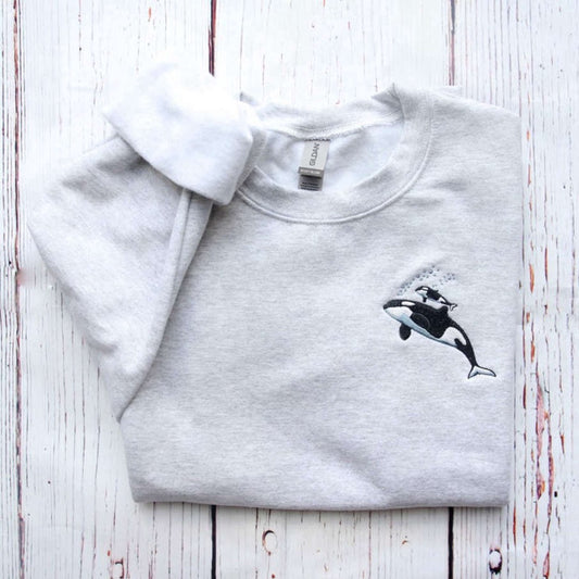 Embroidered Custom Sweatshirts, Orca Whale Embroidered Sweatshirt 2D Crewneck Sweatshirt For Men And Women, Christmas Gift