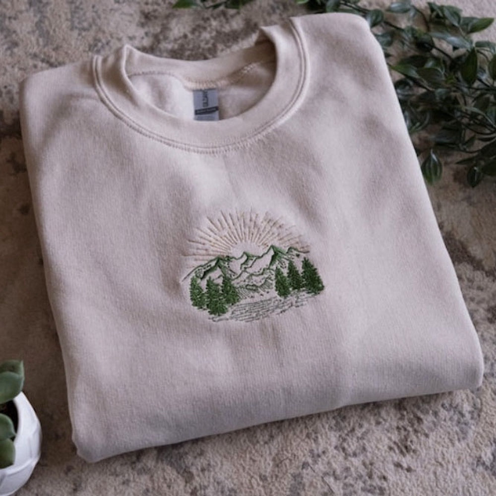 Embroidered Custom Sweatshirts, Outdoor Mountain Scenery Embroidered Sweatshirt 2D Crewneck Sweatshirt Best Gift For Family, Christmas Gift