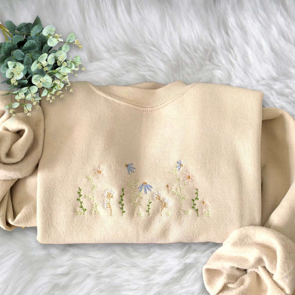 Embroidered Custom Sweatshirts, Pastel Floral Embroidered Sweatshirt Crewneck Sweatshirt Gift For Family, Christmas Gift